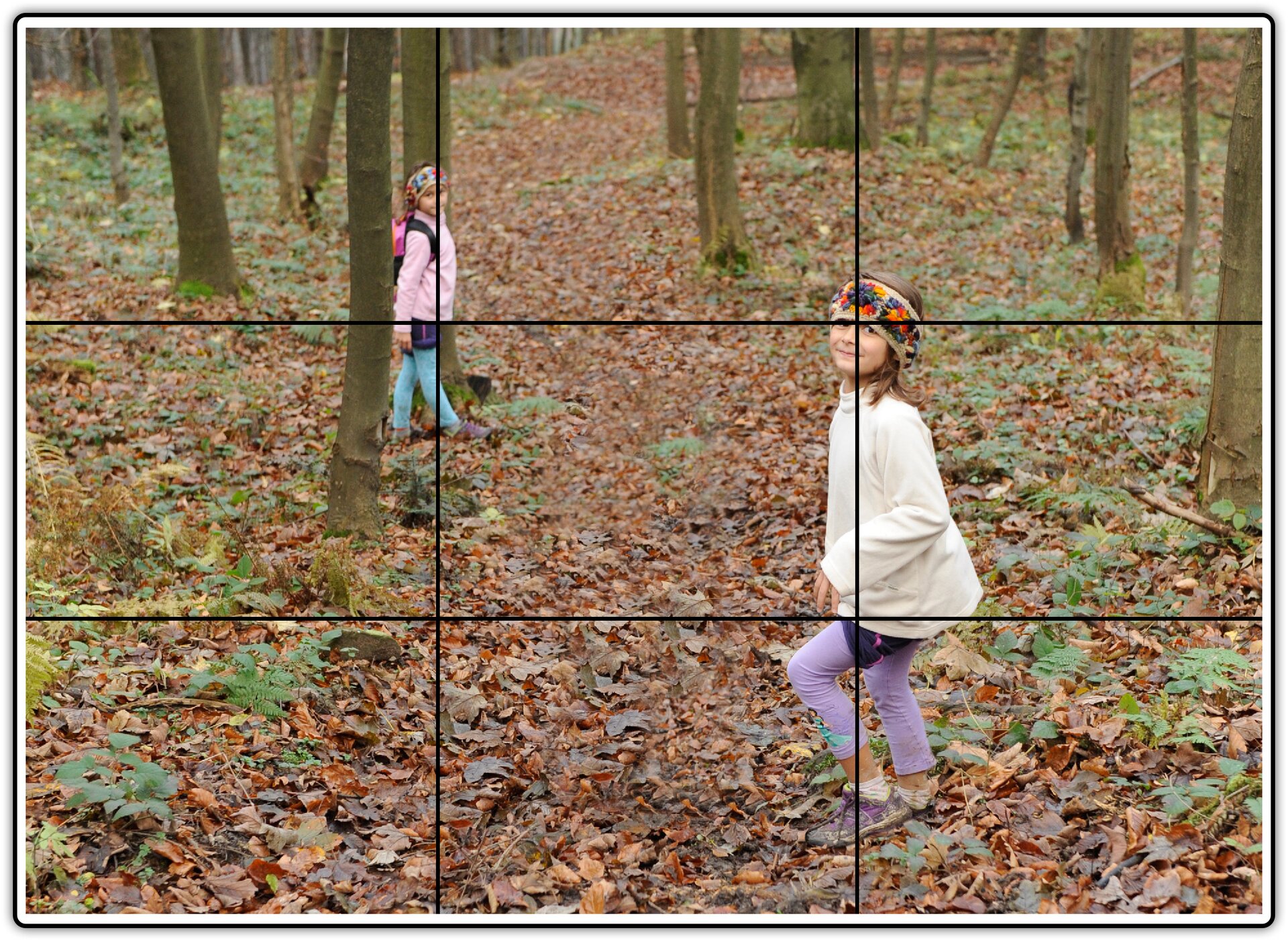 Fotografia przedstawiająca dzieci w lesie z pokazanym trójpodziałem kadru