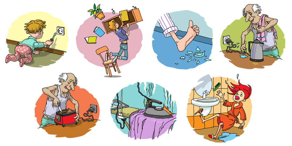 Ilustracja składa się z siedmiu rysunków o charakterze komiksowym ułożonych w dwóch rzędach. Przedstawione na rysunkach sytuacje dotyczą niebezpiecznych sytuacji i czynności wykonywanych w domu. W pierwszym rzędzie rysunek z lewej strony przedstawia małe raczkujące dziecko naprzeciw ściany. Na ścianie znajduje się kontakt do którego dziecko próbuje włożyć śrubokręt. Drugi rysunek przedstawia ucznia próbującego włożyć książkę na półkę wiszącą wysoko na ścianie. Krzesło, na którym stoi przewraca się i uczeń spada łapiąc za półkę, która zrywa się z haka. Trzeci rysunek przedstawia gołą stopę w spodniach od pidżamy wykonującą krok wprost na rozbite kawałki butelki leżące na podłodze. Czwarty element przedstawia starszego mężczyznę gotującego wodę w elektrycznym czajniku. Mężczyzna ma ręcznik przerzucony przez ramię i wyraźnie mokrą dłoń, którą chce złapać za przewód podłączony do prądu. Rząd drugi rozpoczyna rysunek tego samego starszego mężczyzny próbującego metalowym nożem wyjąć z podłączonego do prądu tostera wyjąć zaklinowaną grzankę. Drugi rysunek w tym rzędzie przedstawia deskę do prasowania i podłączone do prądu żelazko pozostawione leżące na prasowanym ubraniu. Nad żelazkiem unoszą się kłęby dymu, a na styku stopy i tkaniny widać płomienie. Ostatni rysunek przedstawia łazienkę, fragment z umywalką i lustrem. Dziewczyna w szlafroku i pantoflach przewraca się i upada po poślizgnięciu na plamie wody zalegającej na podłodze.