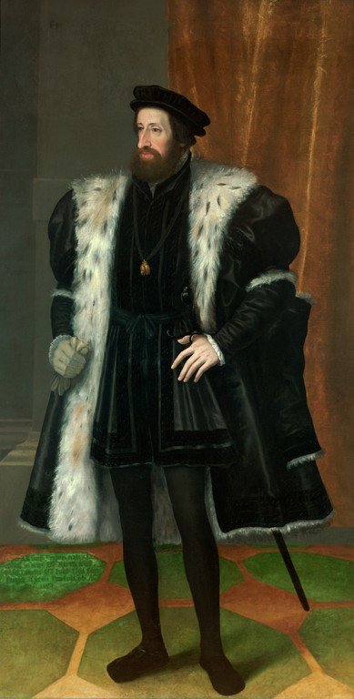 Pełnofigurowy portret Ferdynanda I Habsburga, władcy Austrii, Tyrolu, Styrii i Karyntii, Czech, później Węgier; po abdykacji starszego brata Karola V – cesarza. Ferdynand I na portrecie Hansa Becksbegera z poł. XVI w. Z tyłu w tle napis: „FERDINANDVS I. Rom.Imp.Car.V.Caes Frater natus 10. Mart. 1503 obiit Pragae 25. Iulii 1564 ibi sep” Pełnofigurowy portret Ferdynanda I Habsburga, władcy Austrii, Tyrolu, Styrii i Karyntii, Czech, później Węgier; po abdykacji starszego brata Karola V – cesarza. Ferdynand I na portrecie Hansa Becksbegera z poł. XVI w. Z tyłu w tle napis: „FERDINANDVS I. Rom.Imp.Car.V.Caes Frater natus 10. Mart. 1503 obiit Pragae 25. Iulii 1564 ibi sep” Źródło: Hans Bocksberger the Elder, Muzeum Historii Sztuki w Wiedniu, domena publiczna.