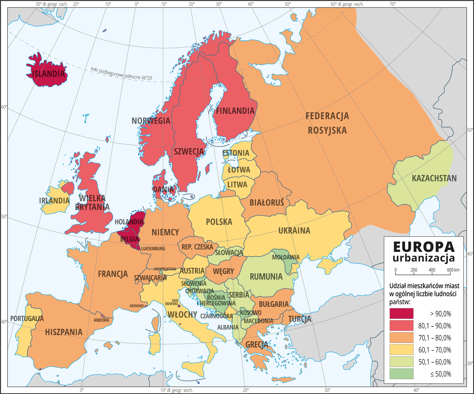 Ilustracja przedstawia mapę polityczną Europy. Kolorami od zielonego od przez żółty i pomarańczowy do czerwonego przedstawiono udział mieszkańców miast w ogólnej liczbie ludności państw. Kolorem zielonym oznaczono państwa, w których udział ludności miejskiej nie przekracza pięćdziesięciu procent (głównie państwa bałkańskie). Kolorem czerwonym przedstawiono państwa, w których udział ludności miejskiej przekracza osiemdziesiąt procent (Wielka Brytania, Islandia, Belgia, Holandia i kraje skandynawskie). Pozostałe kraje, kolor żółty i pomarańczowy (50 do 80 procent ludności miejskiej). Dookoła mapy w białej ramce opisano współrzędne geograficzne co dziesięć stopni. W legendzie umieszczono i opisano kolory użyte na mapie.