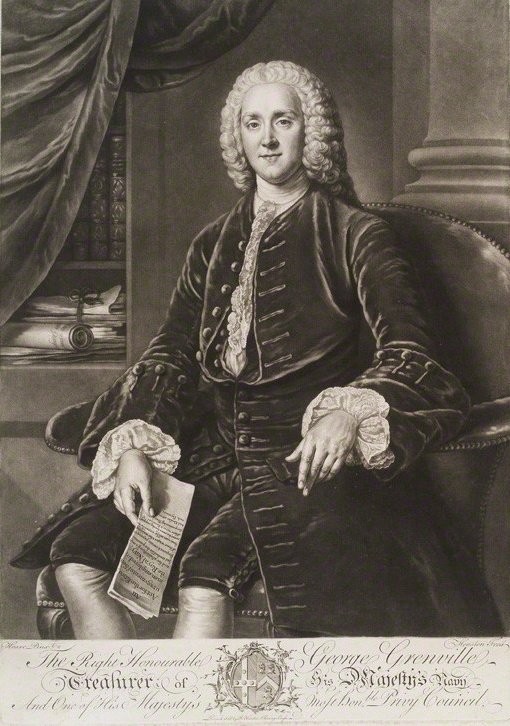 George Grenville George Grenville, premier brytyjski w latach 1763-1765. Za jego rządów wprowadzono „ustawę cukrową”. Grafika wg obrazu Williama Hoare z ok. poł. XVIII w. Źródło: William Hoare, Richard Houston, George Grenville, ok. 1750-1775, National Portrait Gallery.