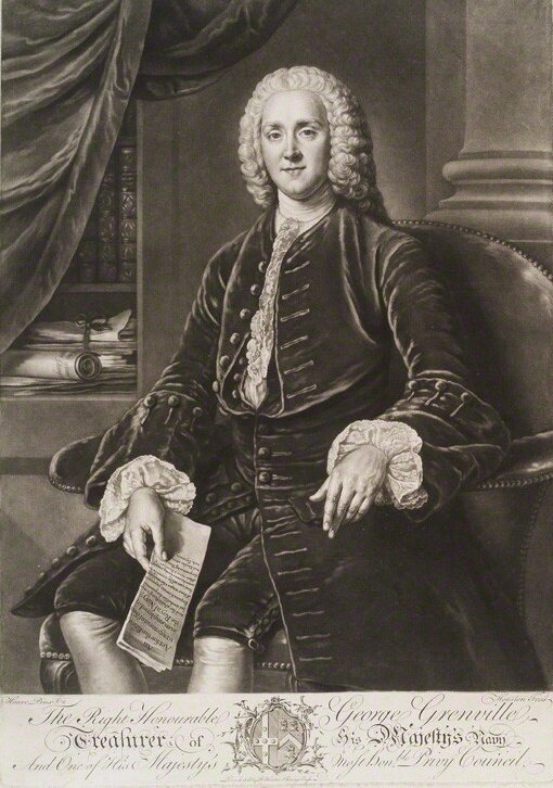 George Grenville George Grenville, premier brytyjski w latach 1763-1765. Za jego rządów wprowadzono „ustawę cukrową”. Grafika wg obrazu Williama Hoare z ok. poł. XVIII w. Źródło: William Hoare, Richard Houston, George Grenville, ok. 1750-1775, National Portrait Gallery.