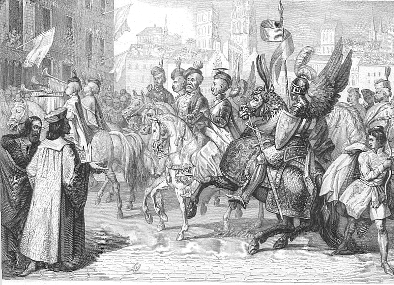 Wjazd polskich senatorów do Paryża w 1573 r. Źródło: Antoni Oleszczyński, Wjazd polskich senatorów do Paryża w 1573 r., XIX w., domena publiczna.