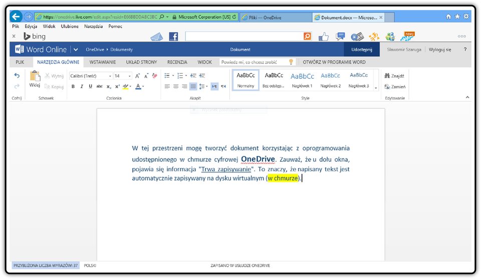 Zrzut dokumentu utworzonego w programie udostępnionym w chmurze cyfrowej OneDrive