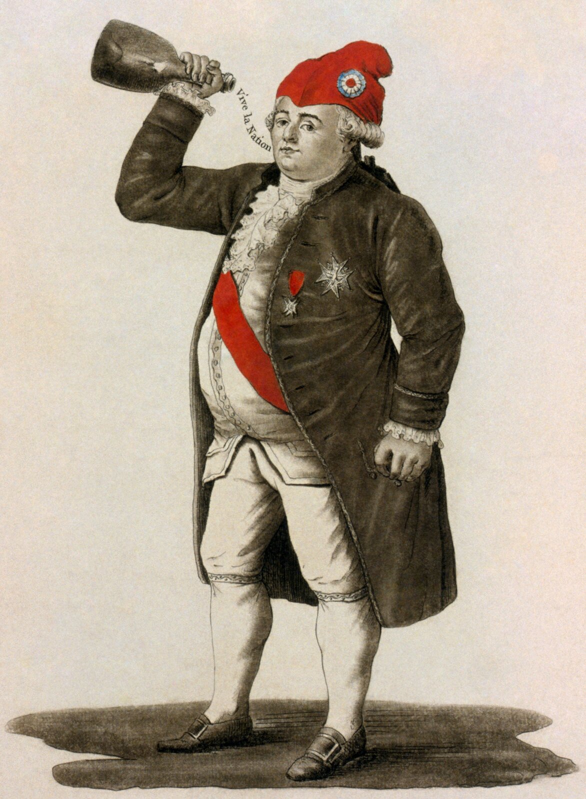 Ludwik XVI w stroju rewolucyjnym, pijący zdrowie sankiulotów Źródło: autor nieznany, Ludwik XVI w stroju rewolucyjnym, pijący zdrowie sankiulotów, 1792, domena publiczna.