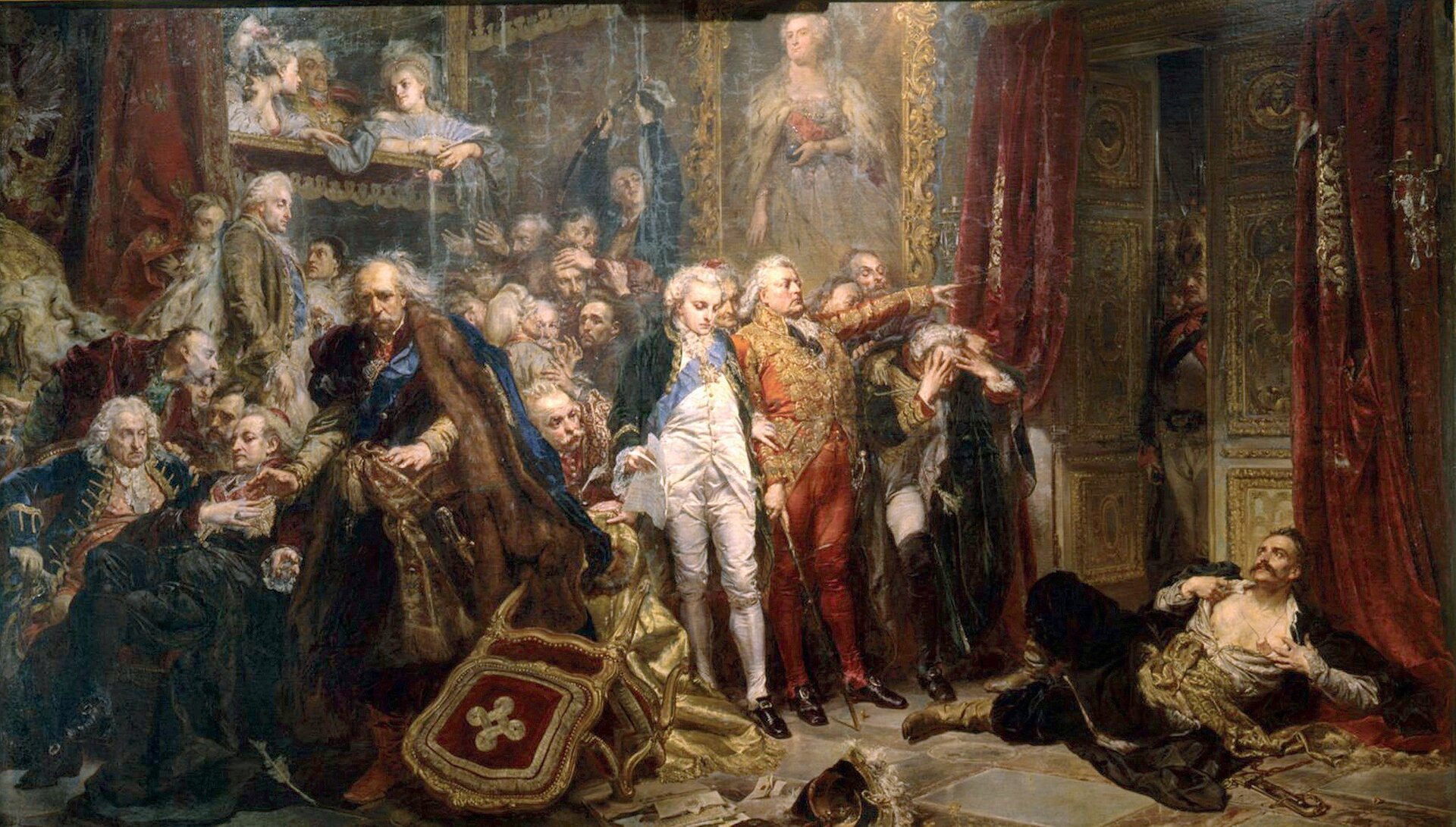 Rejtan - upadek Polski Źródło: Jan Matejko, Rejtan - upadek Polski, 1866, olej na płótnie, Zamek Królewski w Warszawie, domena publiczna.