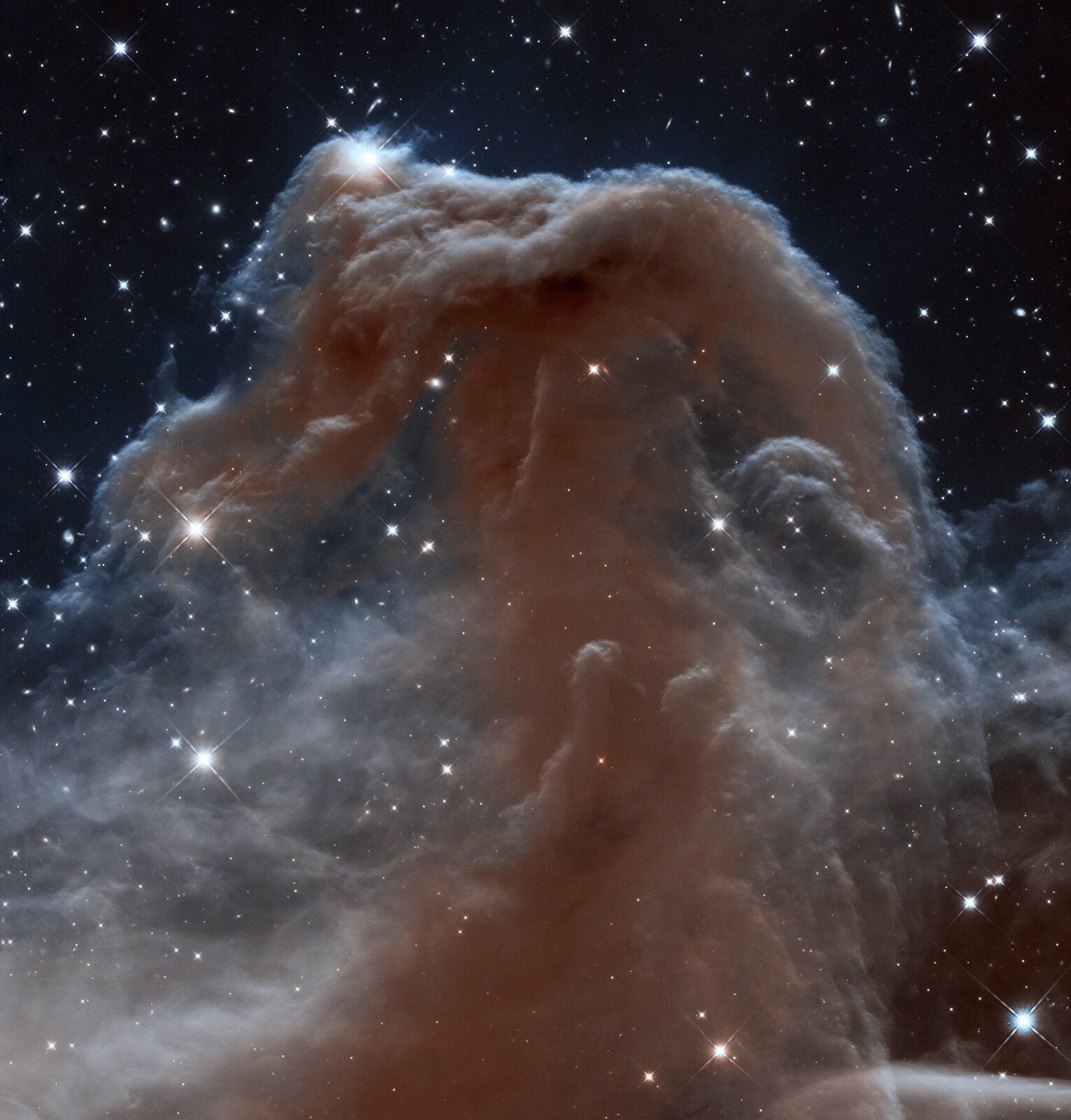 Jedno z najsłynniejszych kosmicznych zdjęć wykonanych przez teleskop Hubble'a w nowej wersji. Mgławica gazowa w kształcie końskiej głowy i szyi znajdująca się w Pasie Oriona została sfotografowana jeszcze raz, w podczerwieni. Na zdjęciu ma ona barwę bordową, a na krawędziach niebieską. Otacza ją czerń kosmicznej pustki wypełniona licznymi gwiazdami.