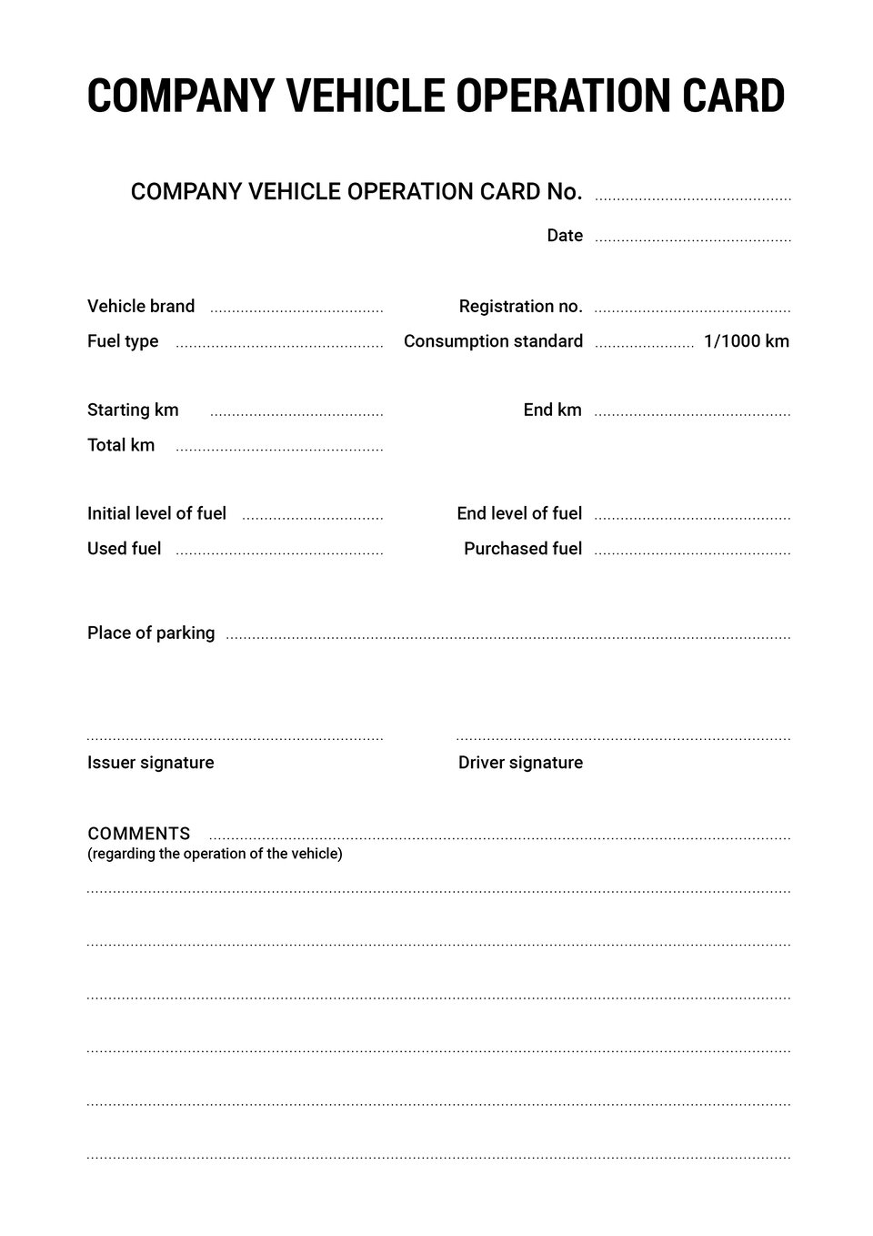 The document shows a company vehicle operation card. Dokument przedstawia kartę eksploatacji pojazdu służbowego.
