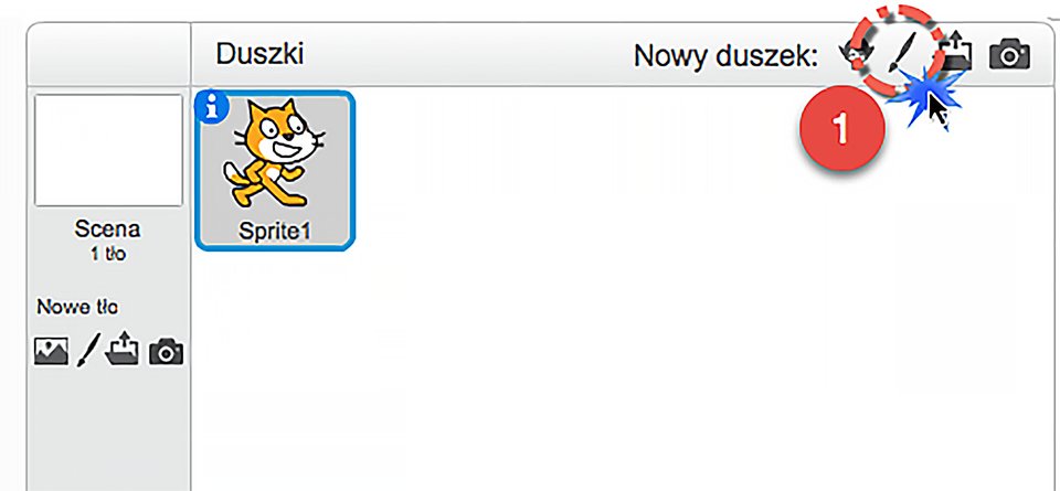 Zrzut obszaru zarządzania duszkami z zaznaczoną ikoną: Namaluj nowego duszka