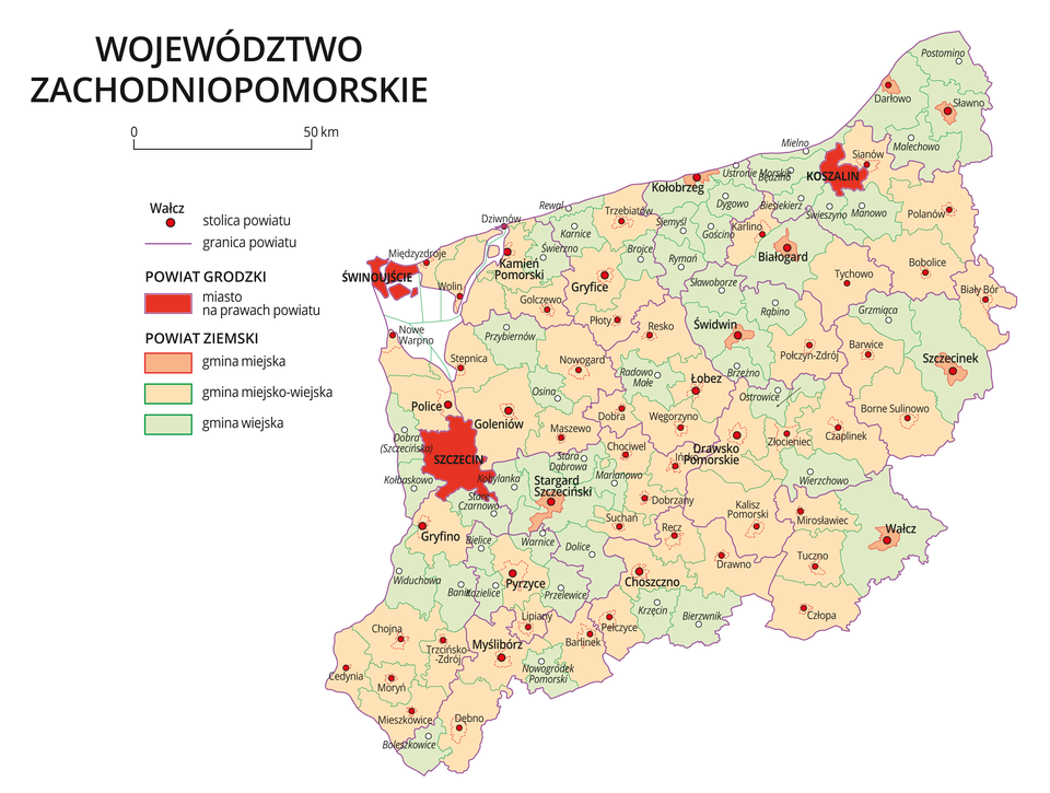 Mapa województwa zachodniopomorskiego. Na mapie fioletowymi liniami zaznaczono granice powiatów ziemskich, dużymi czerwonymi kropkami zaznaczono miasta będące stolicami powiatów. W obrębie powiatów ziemskich kolorami wyróżniono gminy miejskie, miejsko-wiejskie i wiejskie. Czerwonym kolorem wyróżniono powiaty grodzkie z miastami na prawach powiatu, miasta te opisano dużymi literami.