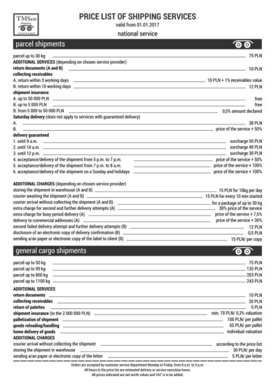 The material presents an exemplary price list of shipping services.Materiał zawiera przykładowy cennik usług spedycyjnych.