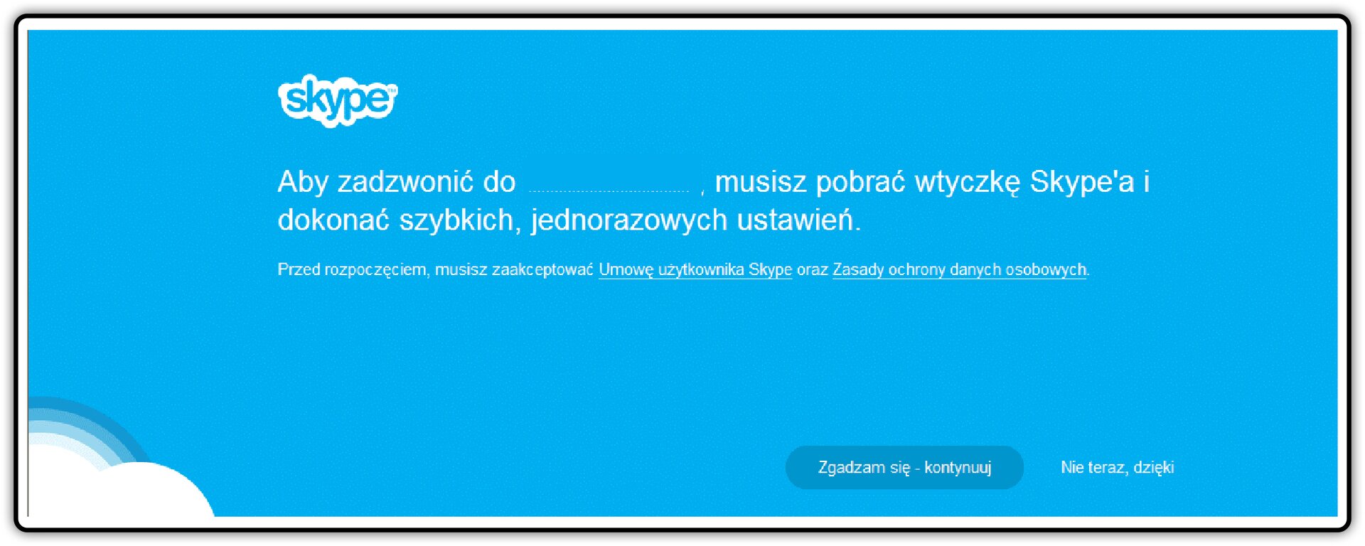 Zrzut okna Skype z komunikatem o pobraniu wtyczki