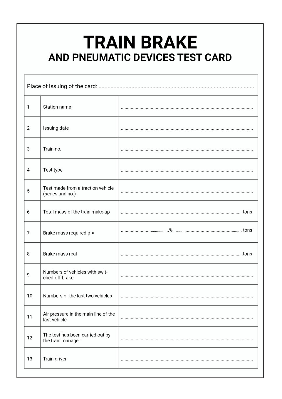 The document shows a train brake and pneumatic devices test card. Dokument przedstawia karta próby hamulca i urządzeń pneumatycznych pociągu.