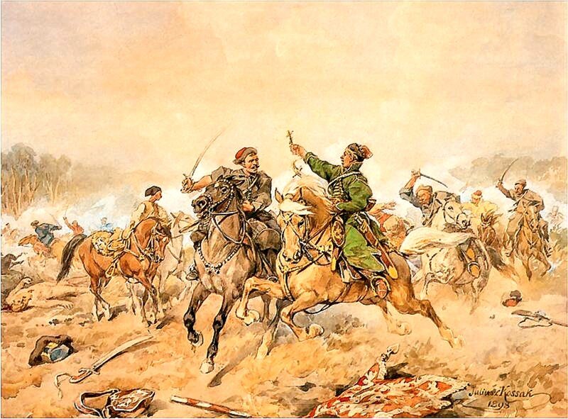 Jan Chryzostom Pasek pod Lachowiczami 1660 Źródło: Juliusz Kossak, Jan Chryzostom Pasek pod Lachowiczami 1660, 1898, akwarela, domena publiczna.