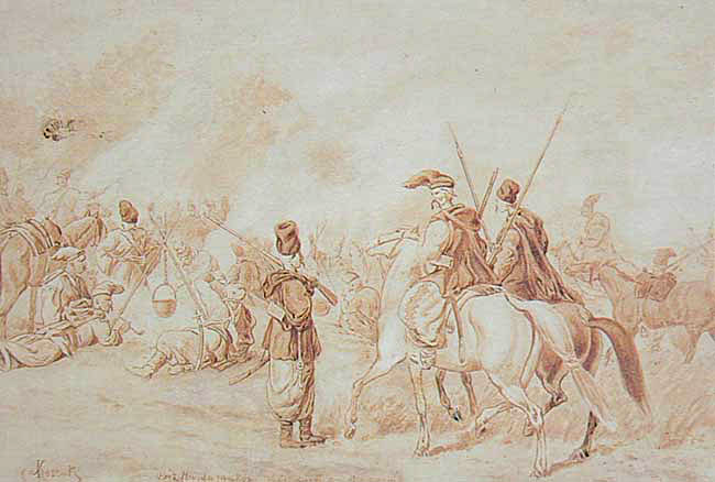 Obóz hajdamacki Obóz hajdamacki – rysunek Juliusza Kossaka (1824-1899). Źródło: Juliusz Kossak, Obóz hajdamacki, przed 1899, domena publiczna.
