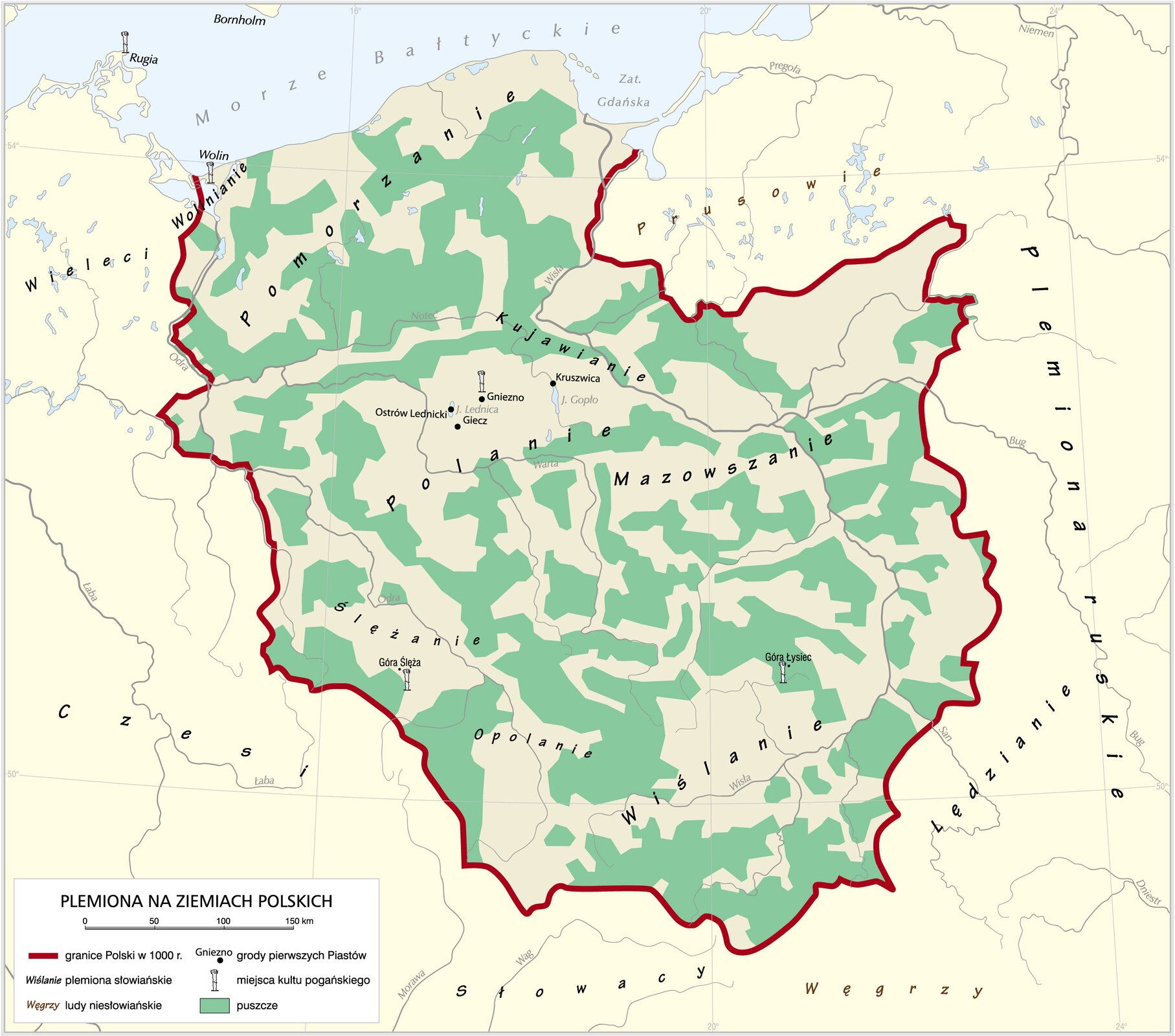 Mapa przedstawiająca granice plemion na ziemiach polskich według źródeł pisanych i archeologów. Czerwoną linią zaznaczone są granice Polski.
