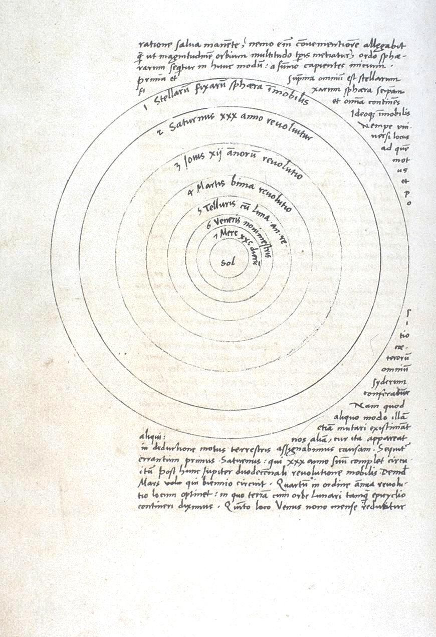 Strona z rękopisu „O obrotach sfer niebieskich”. Karta 9 Źródło: Mikołaj Kopernik, Strona z rękopisu „O obrotach sfer niebieskich”. Karta 9, 1520-1541, atrament na papierze, Biblioteka Jagiellońska, domena publiczna.
