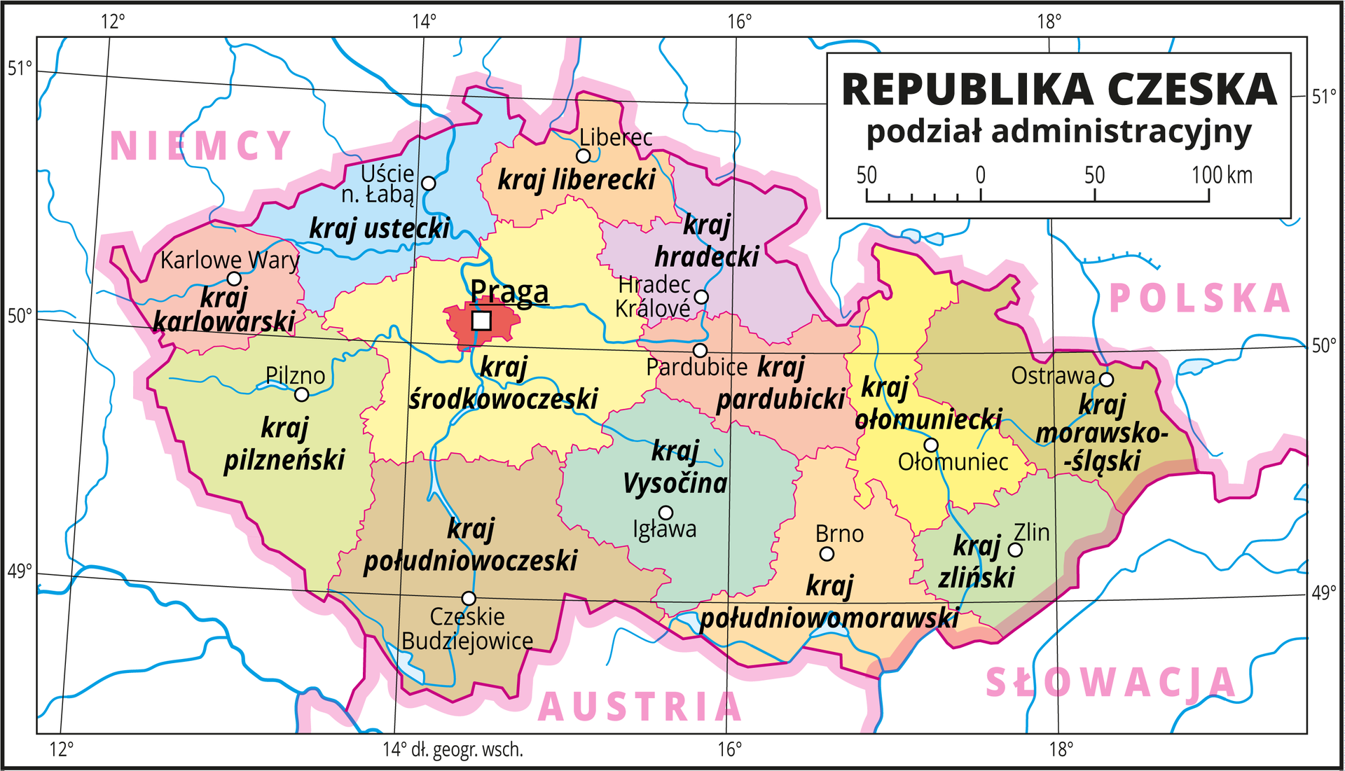 Ilustracja przedstawia mapę polityczną Republiki Czeskiej z podziałem na jednostki administracyjne zwane krajami. Kolorami wyróżniono kraj pilzneński, kraj karlowarski, kraj ustecki, kraj Vysočina, kraj środkowoczeski, kraj południowomorawski, kraj południowoczeski, kraj hradecki, kraj ołomuniecki, kraj zliński, kraj morawsko-śląski, kraj pardubicki, kraj liberecki. Białymi kropkami oznaczono główne miasta i opisano je. Mapa pokryta jest równoleżnikami i południkami. Dookoła mapy w białej ramce opisano współrzędne geograficzne.