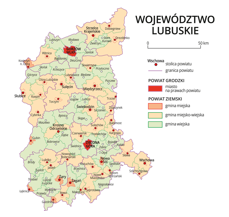 Mapa województwa lubuskiego. Na mapie fioletowymi liniami zaznaczono granice powiatów ziemskich, dużymi czerwonymi kropkami zaznaczono miasta będące stolicami powiatów. W obrębie powiatów ziemskich kolorami wyróżniono gminy miejskie, miejsko-wiejskie i wiejskie. Czerwonym kolorem wyróżniono powiaty grodzkie z miastami na prawach powiatu, miasta te opisano dużymi literami. Kolory i znaki użyte na mapie opisano w legendzie. W legendzie podziałka liniowa.