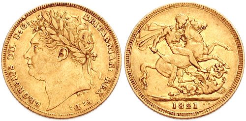 Suweren z wizerunkiem Jerzego IV z 1821 r. Źródło: Classical Numismatic Group, Inc, Suweren z wizerunkiem Jerzego IV z 1821 r., licencja: CC BY-SA 3.0.