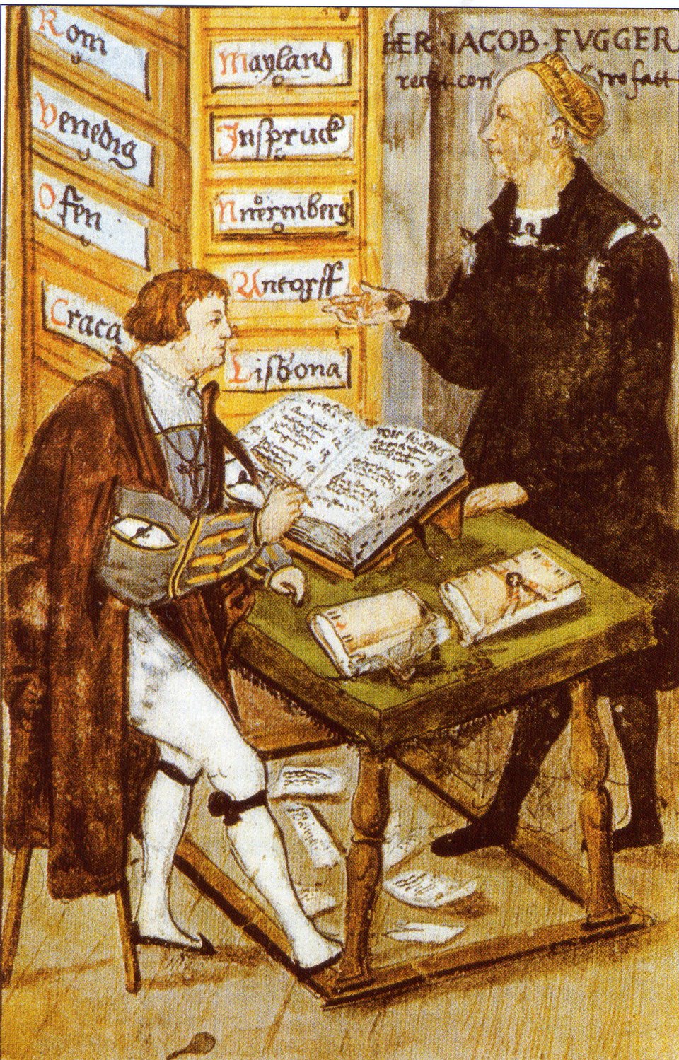 Fuggerowie: Hans Fugger Bogaty w swoim kantorze w Augsburgu Fuggerowie: Hans Fugger Bogaty w swoim kantorze w Augsburgu Źródło: 1517, domena publiczna.