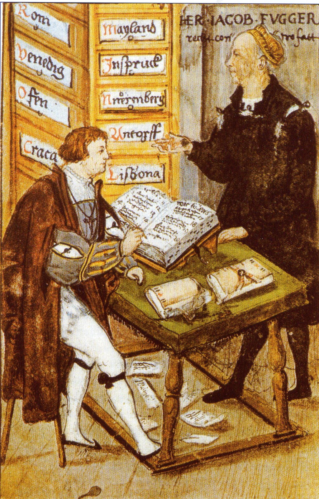 Fuggerowie: Hans Fugger Bogaty w swoim kantorze w Augsburgu Fuggerowie: Hans Fugger Bogaty w swoim kantorze w Augsburgu Źródło: 1517, domena publiczna.