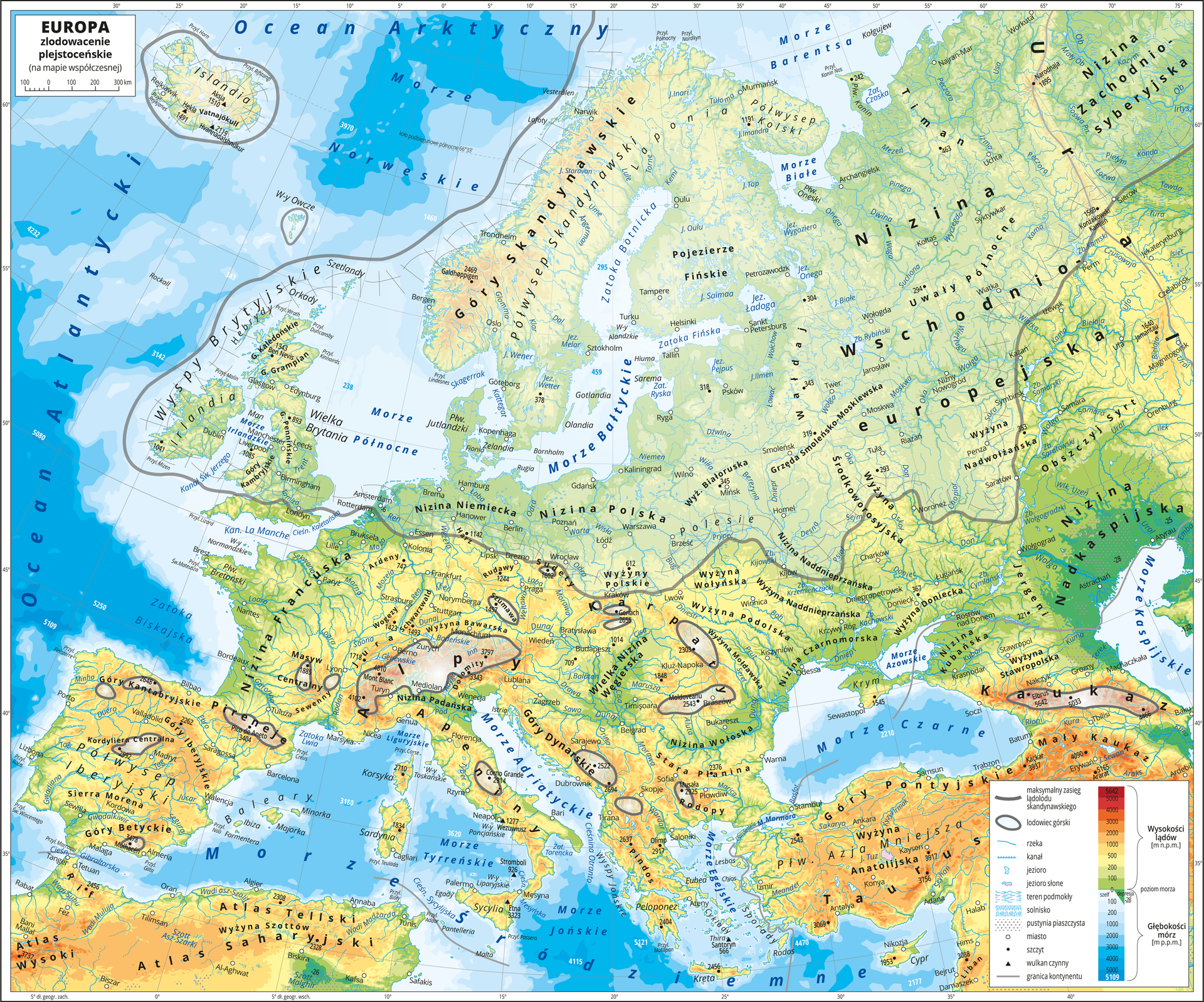 Ilustracja przedstawia współczesną mapę hipsometryczną Europy. Na mapie przedstawiono zasięg zlodowacenia plejstoceńskiego. W obrębie lądów występują obszary w kolorze zielonym, żółtym, pomarańczowym i czerwonym. Morza zaznaczono kolorem niebieskim. Na mapie opisano nazwy półwyspów, wysp, głównych nizin, wyżyn i pasm górskich, mórz, zatok, rzek i jezior. Na obszarze morza w wybranych miejscach opisano głębokości. Oznaczono białymi kropkami i opisano główne miasta. Oznaczono czarnymi kropkami i opisano szczyty górskie. Czarnym trójkątem oznaczono czynne wulkany. Na mapie szarą linią zaznaczono maksymalny zasięg lądolodu skandynawskiego, a tereny które objęło to zlodowacenie są na mapie zamglone. Obejmują one północną część Europy. Lodowce górskie przedstawiono za pomocą biało szarego gradientu obrysowanego szarym konturem. Występują one w górach środkowej i południowej części Europy. Mapa pokryta jest równoleżnikami i południkami. Dookoła mapy w białej ramce opisano współrzędne geograficzne co pięć stopni. Po prawej stronie mapy na dole w legendzie umieszczono prostokątny pionowy pasek. Pasek podzielono na siedemnaście części. U góry czerwony, dalej ciemnopomarańczowy, kolejno pomarańczowy, jasnopomarańczowy i żółty, jasnozielony i ciemnozielony, kolejno jasnoniebieski do ciemnoniebieskiego. Opisano izohipsy od zero metrów (poziom morza)do pięciu tysięcy metrów powyżej poziomu morza – w obrębie kolorów zielonych co sto metrów, w obrębie kolorów żółtych co trzysta metrów, w obrębie kolorów pomarańczowych co pięćset i tysiąc metrów, w obrębie kolorów czerwonych co tysiąc metrów. Na dole paska odcieniami koloru niebieskiego oznaczono głębokości mórz i opisano izobaty: sto metrów poniżej poziomu morza, dwieście metrów poniżej poziomu morza, tysiąc metrów poniżej poziomu morza, dalej co tysiąc metrów do pięciu tysięcy metrów poniżej poziomu morza. W legendzie umieszczono również i opisano znaki użyte na mapie.