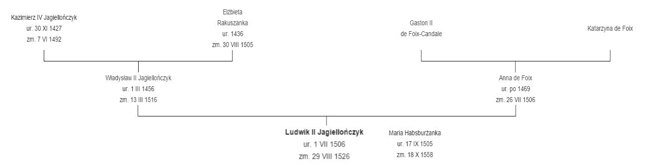 Jagiellonowie - drzewo genealogiczne Ludwika II, króla Czech i Węgier Drzewo genealogiczne Ludwika II, króla Czech i Węgier. Źródło: Jagiellonowie - drzewo genealogiczne Ludwika II, króla Czech i Węgier, domena publiczna.