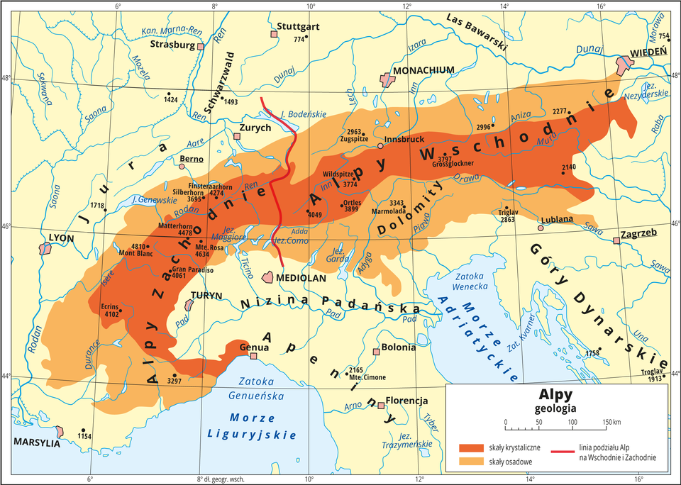 Ilustracja przedstawia mapę Alp. Tło kontynentu w kolorze żółtym, morza niebieskie. Kolorami rozróżniono skały budujące Alpy. Kolorem ciemnopomarańczowym przedstawiono skały krystaliczne, a kolorem jasnopomarańczowym – skały osadowe. Skały krystaliczne budują wewnętrzną część gór, skały osadowe położone są na zewnątrz pasma. Czerwona linia oddziela Alpy Zachodnie od Alp Wschodnich. Na mapie opisano główne formy ukształtowania powierzchni Ziemi, miasta, morza, zatoki, rzeki i jeziora. Mapa pokryta jest równoleżnikami i południkami. Dookoła mapy w białej ramce opisano współrzędne geograficzne co dwa stopnie. W legendzie przedstawiono i opisano znaki użyte na mapie.