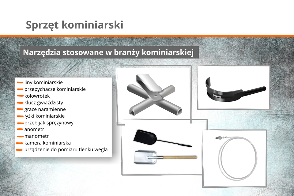 Ilustracja przedstawia sprzęt kominiarski.