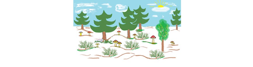 Ilustracja przedstawiająca las z grzybami