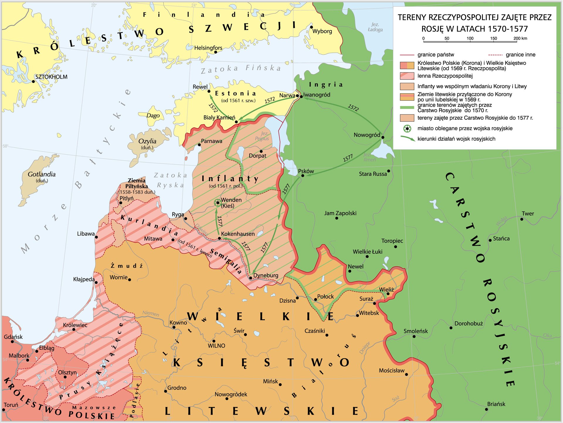Mapa przedstawia tereny Rzeczypospolitej zajęte przez Rosję w latach 1570-1577