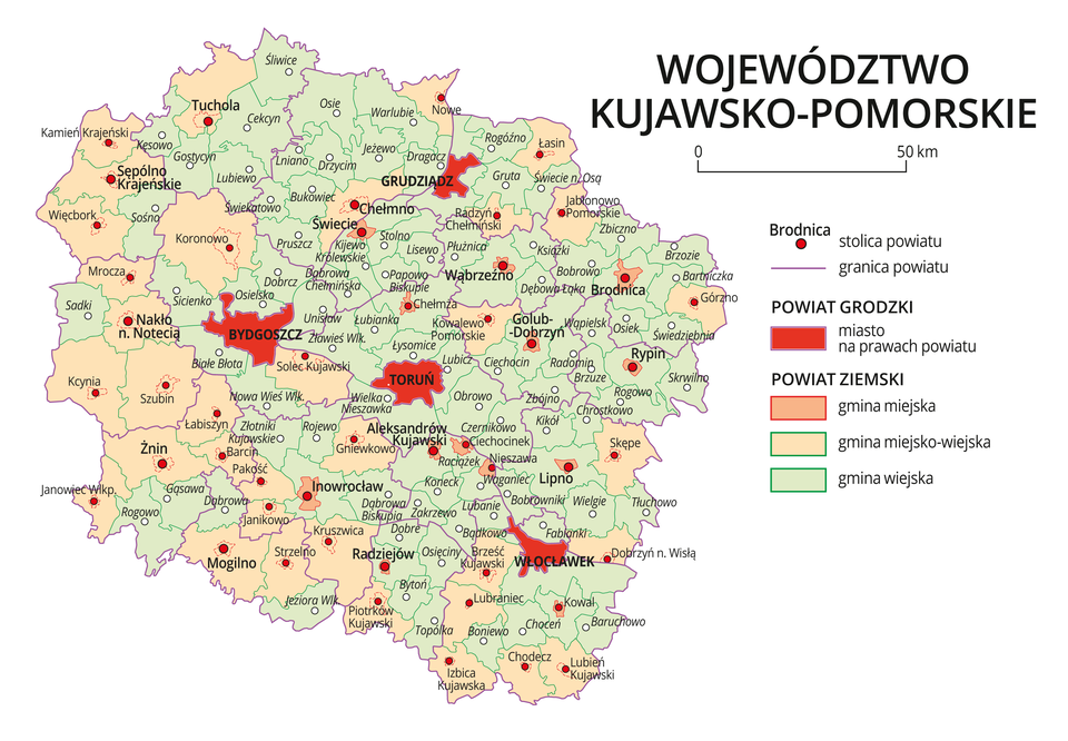 Mapa województwa kujawsko-pomorskiego. Na mapie fioletowymi liniami zaznaczono granice powiatów ziemskich, dużymi czerwonymi kropkami zaznaczono miasta będące stolicami powiatów. W obrębie powiatów ziemskich kolorami wyróżniono gminy miejskie, miejsko-wiejskie i wiejskie. Czerwonym kolorem wyróżniono powiaty grodzkie z miastami na prawach powiatu, miasta te opisano dużymi literami. Kolory i znaki użyte na mapie opisano w legendzie. W legendzie podziałka liniowa.