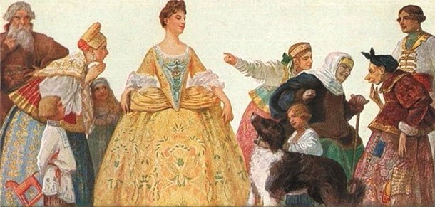 Pojawienie się nowej mody Grafika Siergieja Sołomko (1855-1928) pokazująca pojawienie się nowej mody w tradycyjnym społeczeństwie Rosji za Piotra I Źródło: Sergey Solomko, Pojawienie się nowej mody, domena publiczna.