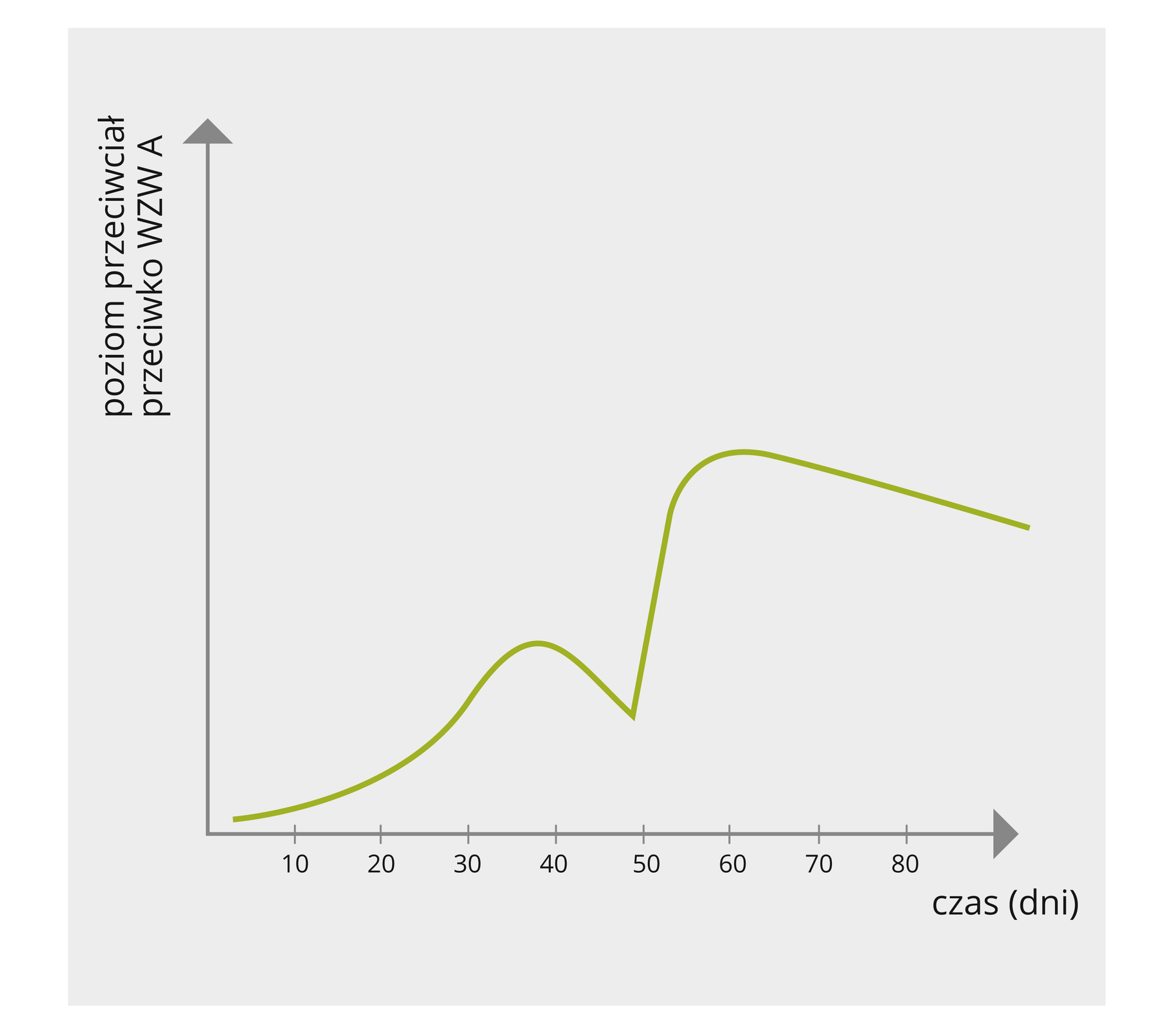 Wykres w postaci zielonej linii przedstawia poziom przeciwciał przeciwko ospie we krwi pacjentki po upływie czasu.