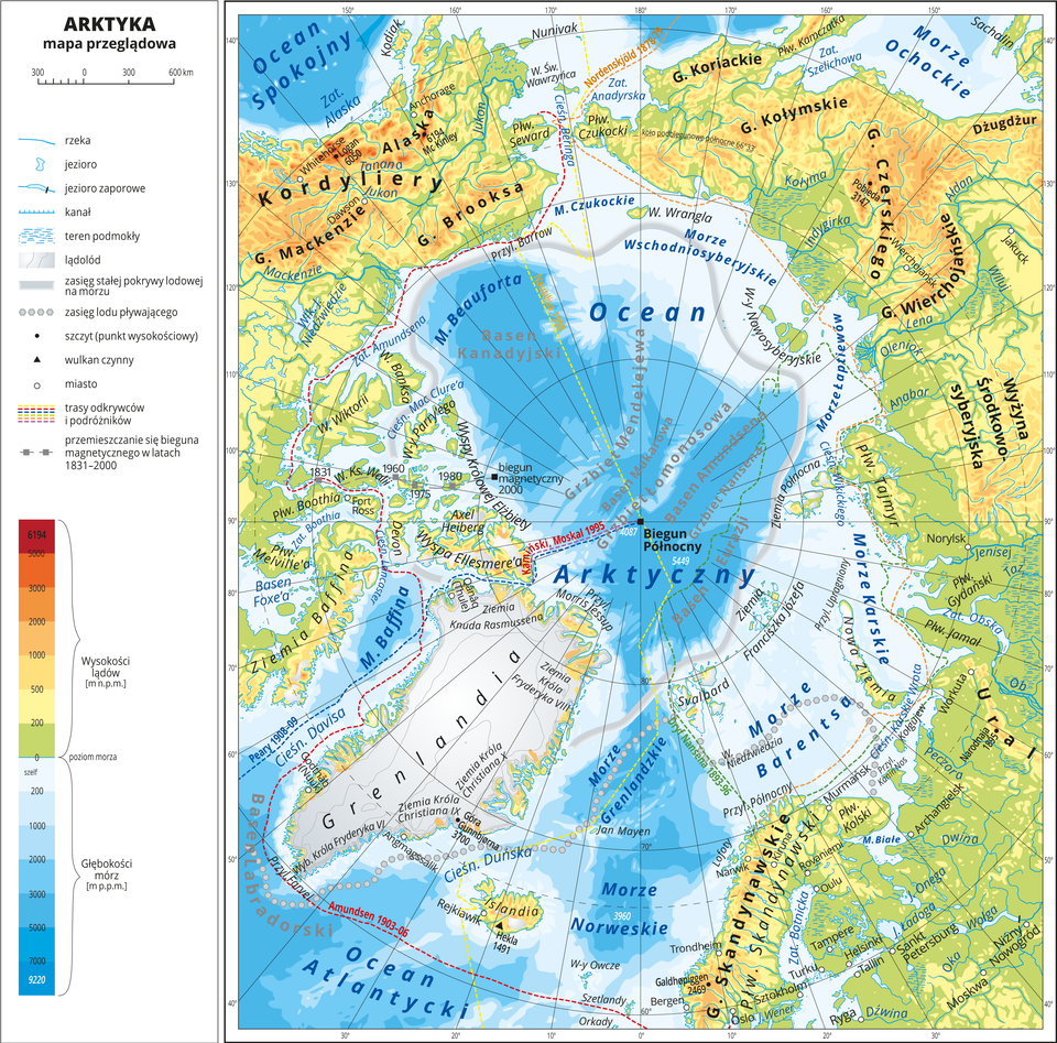 Ilustracja przedstawia mapę przeglądową Arktyki. W obrębie lądów występują obszary w kolorze zielonym, żółtym, pomarańczowym i czerwonym. Morza zaznaczono sześcioma odcieniami koloru niebieskiego. Na mapie opisano nazwy wysp, półwyspów, głównych nizin, wyżyn i pasm górskich, mórz, zatok, rzek i jezior. Oznaczono i opisano główne miasta. Oznaczono czarnymi kropkami i opisano szczyty górskie. Mapa pokryta jest równoleżnikami i południkami. Dookoła mapy w białej ramce opisano współrzędne geograficzne co dziesięć stopni. W legendzie umieszczono i opisano znaki użyte na mapie.