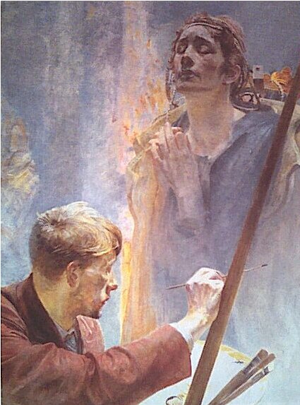 Jacek Malczewski, Artysta i muza Jacek Malczewski, Artysta i muza Źródło: Wames, olej na płótnie, własność prywatna, licencja: CC 0.