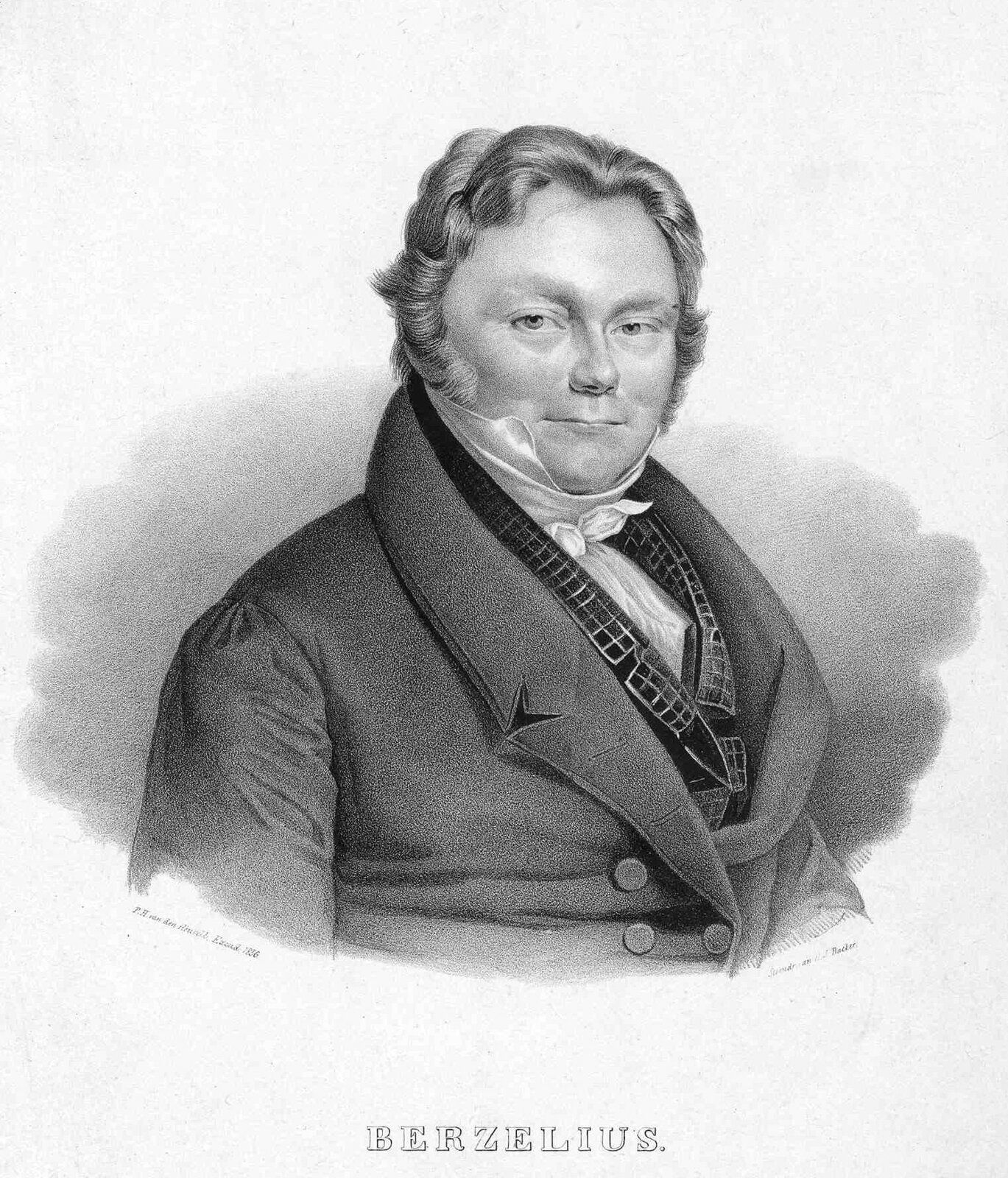 Portret Jönsa Jacoba Berzeliusa, szwedzkiego chemika i mineraloga żyjącego na przełomie XVIII i XIX wieku, odkrywcy wapnia, selenu, krzemu, cyrkonu, tytanu i toru. Portret litograficzny z 1836 roku autorstwa P.H. van den Heuvella.
