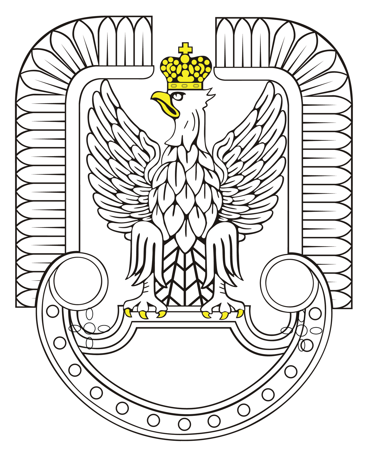 Ilustracja przedstawia symbol sił powietrznych stylizowany na godło orła polskiego. Biały orzeł ze skrzydłami wzniesionymi ku górze. Głowa z żółtym dziobem skierowana w prawo. Na głowie żółta korona. Na szczycie korony krzyż równoramienny. Szpony orła zakończone żółtymi pazurami przytrzymują tarczę. Orzeł osadzony jest na tarczy amazonek. Tarcza zakończone półkoliście w dolnej części. Kształt tarczy tworzy formę półksiężyca ułożonego poziomo. Końce tarczy zaokrąglone. Wnętrze tarczy białe. Wokół skrzydeł orła ramka w kształcie skrzydeł husarii. Ramka wsparta na wysokości zakończenia tarczy.