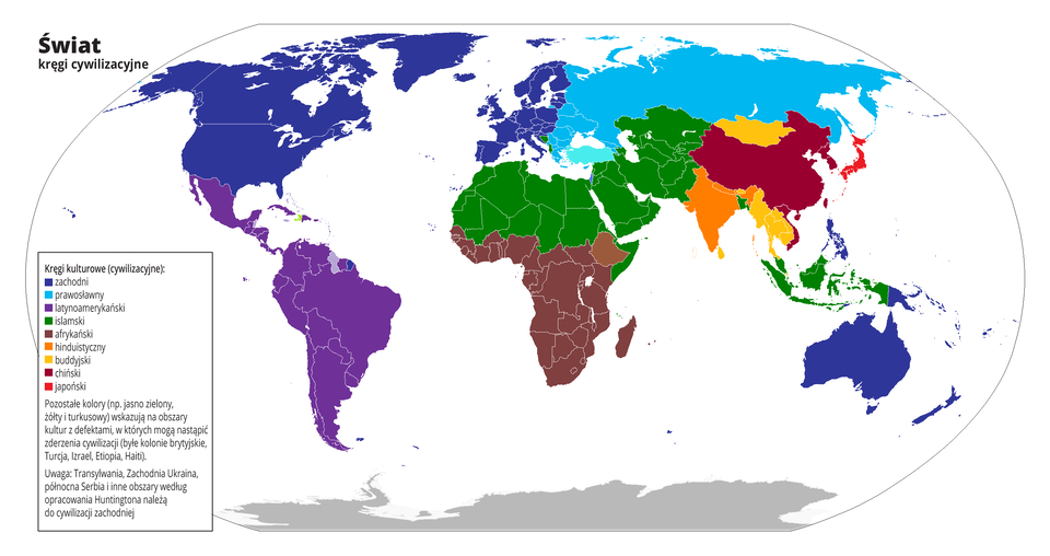 Na ilustracji mapa świata z zaznaczonymi granicami państw. Kolorami wyróżniono kręgi kulturowe, cywilizacyjne. Zachodni – Ameryka Północna, Europa i Australia. Prawosławny – Europa Wschodnia, Azja Północna. Latynoamerykański – Ameryka Środkowa i Ameryka Południowa. Islamski – Afryka Północna, Półwysep Arabski, Azja Zachodnia i Indonezja. Afrykański – Afryka Środkowa i Południowa. Hinduistyczny – Półwysep Indyjski. Buddyjski – Półwysep Indochiński i Mongolia. Chiński – Chiny. Japoński – Wyspy Japońskie.