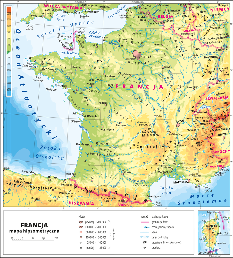 Ilustracja przedstawia mapę hipsometryczną Francji. W obrębie lądów występują obszary w kolorze zielonym, żółtym i pomarańczowym. Na północnym-zachodzie przeważają obszary w kolorze zielonym przechodzące ku południu i wschodowi w kolor żółty i pomarańczowy. Morza zaznaczono kolorem niebieskim. Na mapie opisano nazwy wysp, półwyspów, nizin, wyżyn i pasm górskich, mórz, zatok, rzek i jezior. Oznaczono i opisano główne miasta. Oznaczono czarnymi kropkami i opisano szczyty górskie. Różową wstążką oznaczono granice państw. Kolorem czerwonym opisano państwa. Mapa pokryta jest równoleżnikami i południkami. Dookoła mapy w białej ramce opisano współrzędne geograficzne co dwa stopnie. Na dole ilustracji w osobnej ramce w analogiczny sposób przedstawiono Korsykę. W legendzie przedstawiono i opisano znaki użyte na mapie.