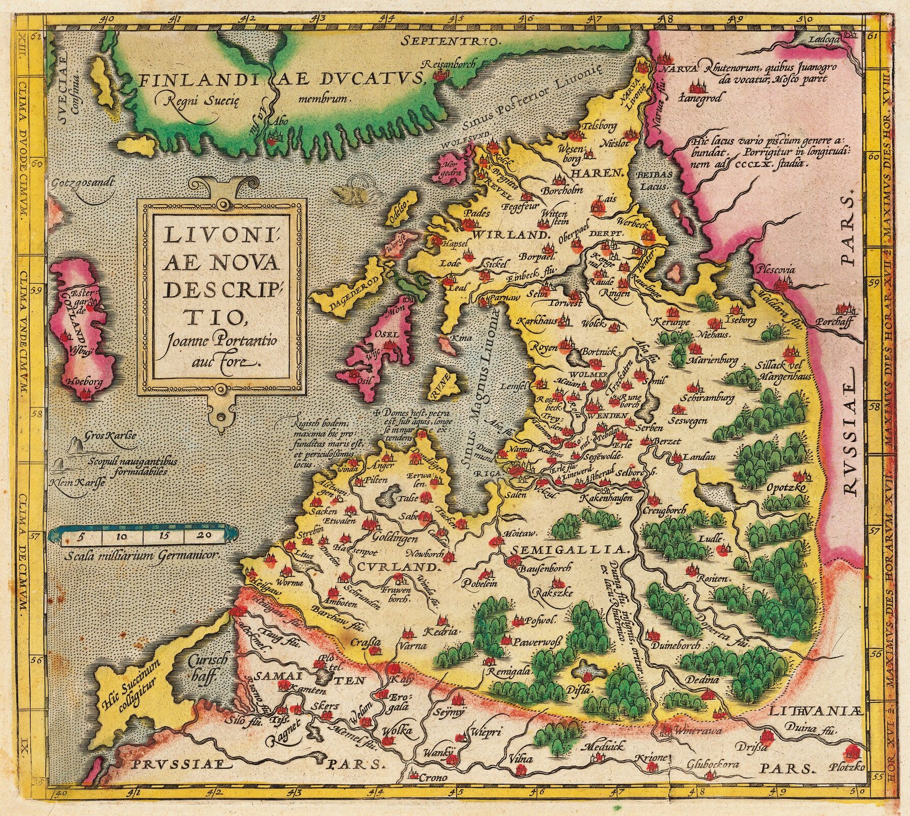 Mapa Inflant wg XVI-wiecznego atlasu Orteliusa, ok. 1573 r. – przedstawiona jako jedność polityczna Źródło: Mapa Inflant wg XVI-wiecznego atlasu Orteliusa, ok. 1573 r. – przedstawiona jako jedność polityczna, domena publiczna.