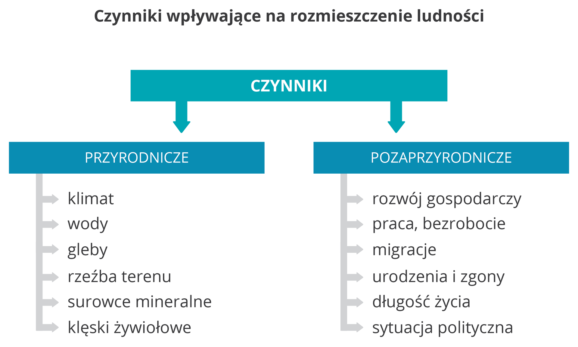Na ilustracji schemat. Czynniki przyrodnicze: klimat, wody, gleby, rzeźba terenu, surowce mineralne, klęski żywiołowe. Czynniki poza przyrodnicze: rozwój gospodarczy, praca, bezrobocie, migracje, urodzenia i zgony, długość życia, sytuacja polityczna.