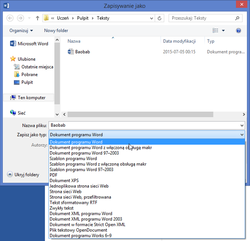 Zrzut okna: Zapisywanie jako z rozwiniętą listą: Zapisz jako typ w programie MS Word