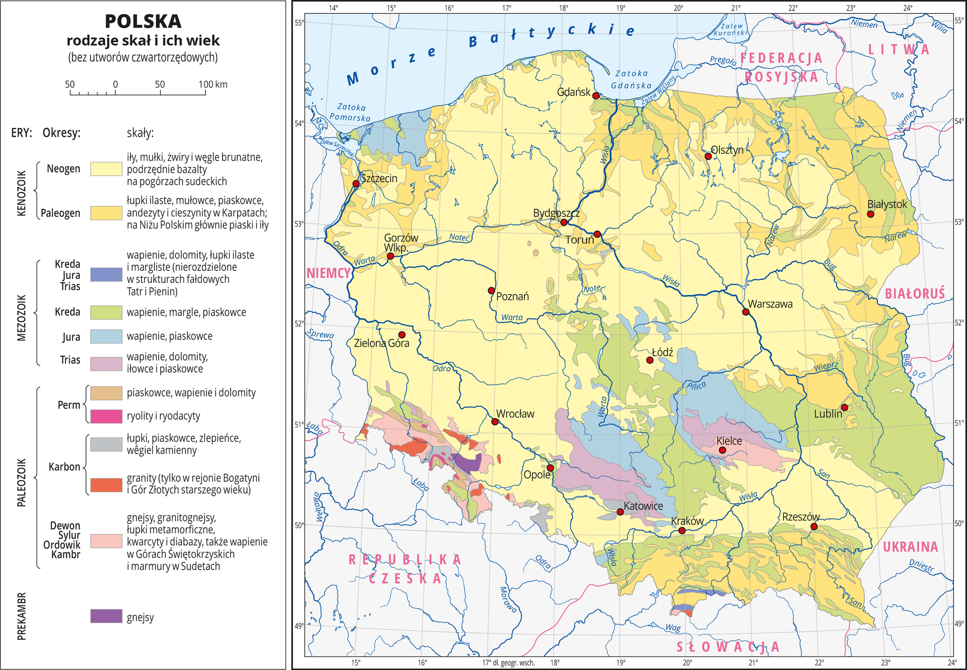 Ilustracja przedstawia mapę Polski . Na mapie kolorami zaznaczono rodzaje skał i ich wiek. Większą część obszaru Polski pokrywa kolor żółty, który obrazuje występowanie najmłodszych skał ery kenozoiku – iłów, mułków, żwirów, węgli brunatnych, łupków ilastych , mułowców i piaskowców, andezytów i cieszynitów. Na południu oznaczono kolor niebieski i zielony obrazujący występowanie wapieni, dolomitów, margli i piaskowców z ery mezozoiku. Najstarsze skały pochodzące z ery prekambryjskiej i paleozoicznej występują w rejonie Sudetów. Czerwonymi kropkami zaznaczono miasta wojewódzkie. Opisano rzeki. Dookoła mapy w białej ramce opisano współrzędne geograficzne co jeden stopień. Po lewej stronie mapy w legendzie umieszczono w pionie dwanaście kolorowych prostokątów, które opisano nazwami skał. Wydzielono pięć er i czternaście okresów.