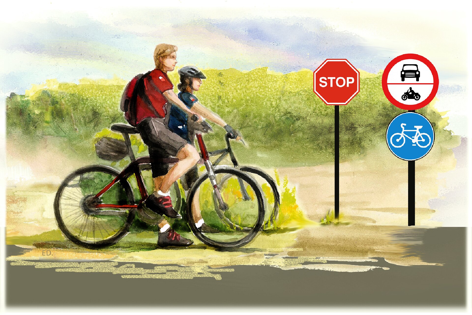 Ilustracja przedstawiająca rowerzystów i znaki drogowe