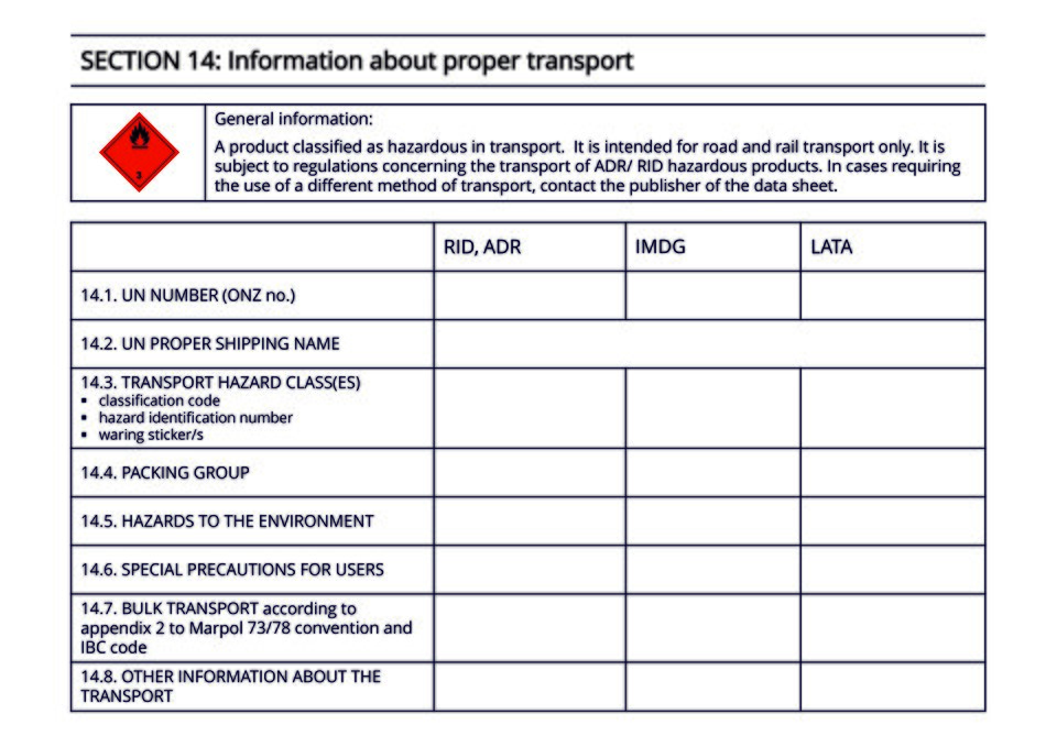 The document shows a fragment of a hazardous substance data sheet. Section 14 contains information about transport.Dokument prezentuje fragment karty charakterystyki substancji niebezpiecznej. Sekcja 14 zawiera informacje dotyczące transportu.