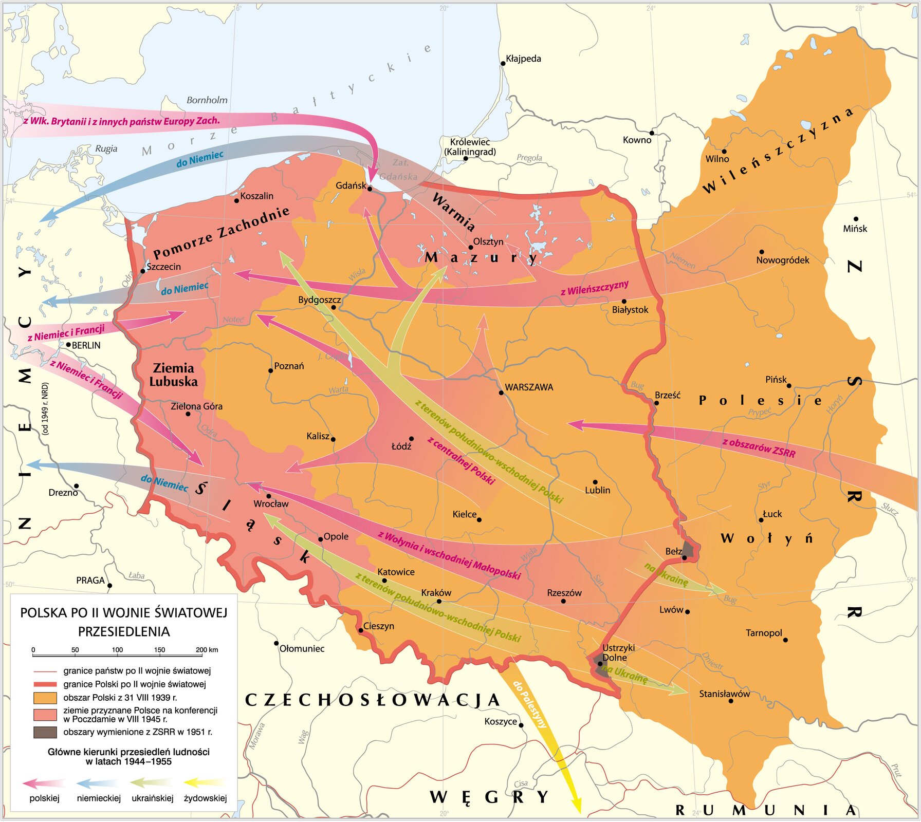 Polska po II wojnie światowej Powojenne granice Polski zostały ukształtowane podczas konferencji wielkiej trójki według woli Józefa Stalina. Ziemie wschodnie przyłączono do ZSRR. Polsce przypadły tzw. Ziemie Odzyskane na zachodzie i północy – kosztem Niemiec. Wiązało się to także z przesiedleniem ludności. Źródło: Krystian Chariza i zespół, Polska po II wojnie światowej.