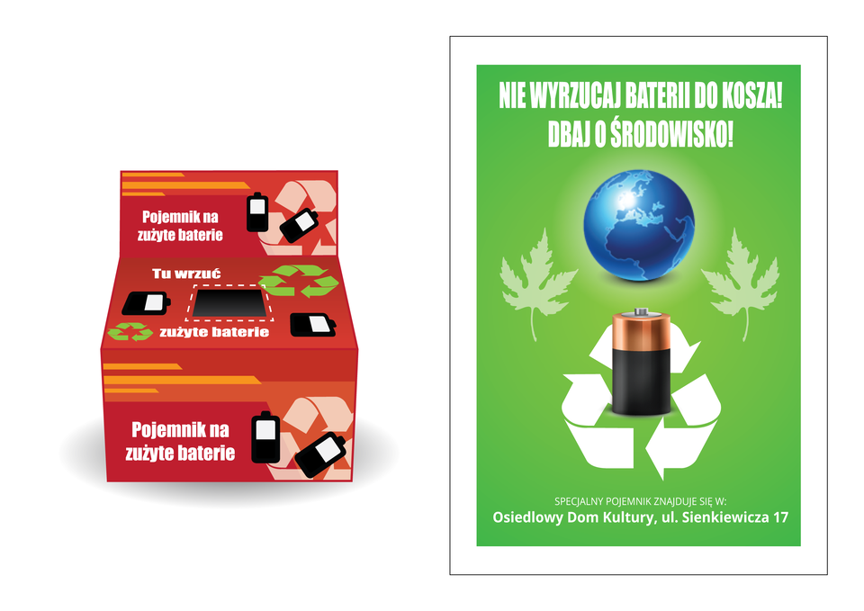Ilustracja przedstawia pojemnik na zużyte baterie oraz przykładowy plakat informujący o akcji zbierania zużytych baterii.