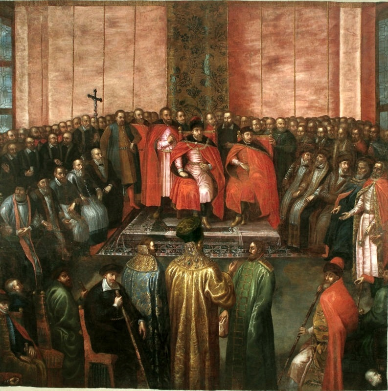 Carowie Szujscy przed królem Zygmuntem III w roku 1611 Stanisław Żółkiewski przedstawia królowi Zygmuntowi III na sejmie w 1611 r. pojmanych braci Szujskich Źródło: Tomasz Dolabella, Carowie Szujscy przed królem Zygmuntem III w roku 1611, lata 40. XVII w., olej na płótnie, Lviv History Museum, domena publiczna.